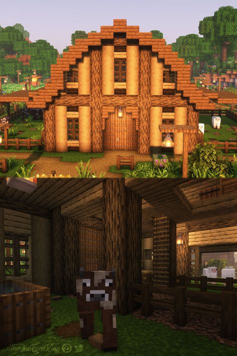 Mountain Cottage Minecraft, Minecraft House In The Woods, Oak And Spruce House Minecraft, Pumpkin And Watermelon Farm Minecraft, Minecraft Barn Roof Design, Barn Design Minecraft, Spruce Barn Minecraft, Mc Barn Ideas, Small Birch House Minecraft