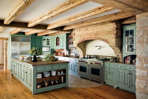 Love the turquoise cabinets ad grand wooden beams give this kitchen a wide open, grand look Dapur Rustic, Model Dapur, Rustic Kitchens, French Country Kitchens, Farmhouse Kitchen Cabinets, Farmhouse Inspiration, Rustic Kitchen Design, Cabin Kitchens, Farmhouse Decorating