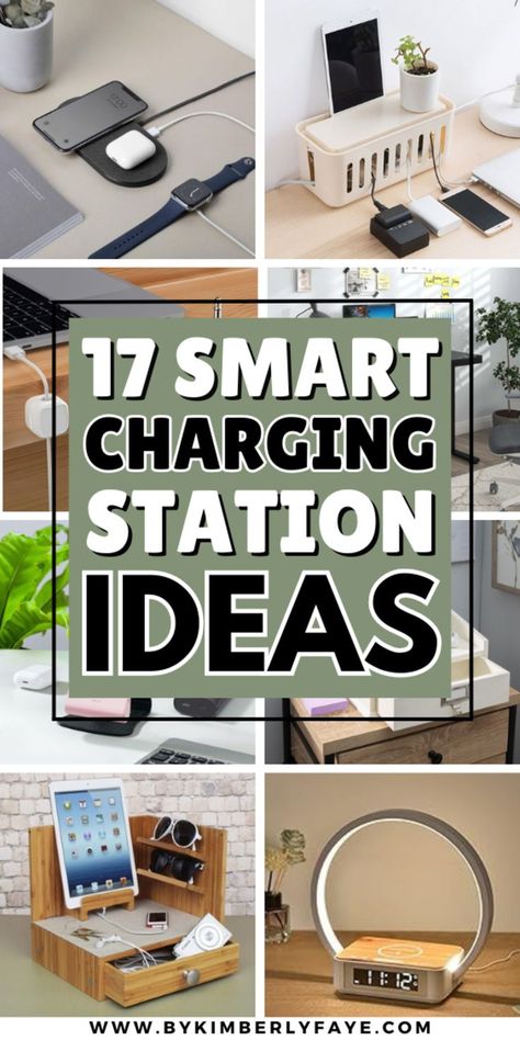 Smart Charging Station Ideas You Need For Your Office Home Office Charging Station, Wall Mounted Charging Station Diy, Usb Charging Station Ideas, Cell Phone Docking Station Diy, Charging Area Ideas, Device Storage Charging Stations, Charging Dock Station, Multi Device Charging Station, Bedroom Charging Station Ideas