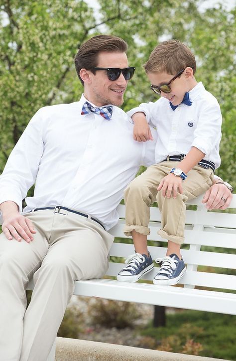 Celebrate Dad’s great style this Father’s Day with the perfect “little man” outfit. On dad: Apt. 9 slim fit dress shirt, Dockers Signature slim-fit pants, Chaps Alpine checked bow tie. On kid: Chaps button-down shirt, bow tie and chinos and Converse sneakers. Find a stylish Father’s Day gift at Kohl’s. Father And Son Outfits, Father Son Matching Outfits, Father Son Photography, Father Son Outfits, Son Outfits, Day Outfits, Dad Son, Love You Baby