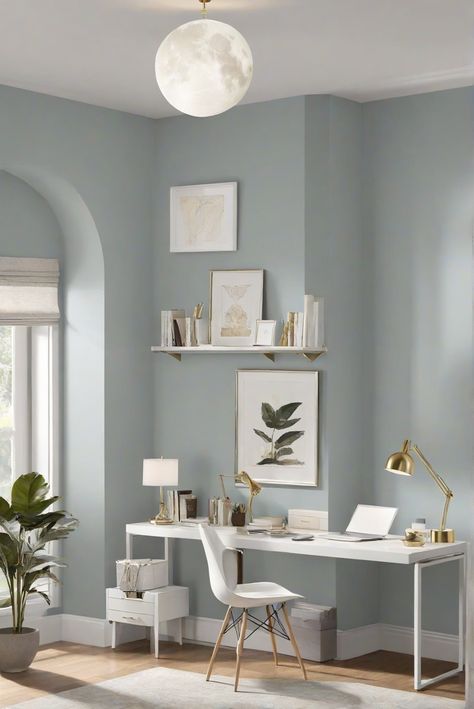 home decor, interior design, space planning, living room interior Office Pastel Colors, Soothing Colors For Office, Light Gray Blue Walls, Light Office Paint Colors, Paint Color For Home Office, Light Blue Office Ideas, Sw Pale Oak, Pale Oak Vs Edgecomb Gray, Home Office Colour Scheme