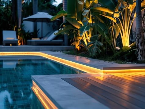 Alamo Project, Pool Lighting Ideas, Florida Pools, Bali Pool, Luxury Pools Backyard, Floating Pool Lights, Pool Lighting, Pool Decking, Florida Pool