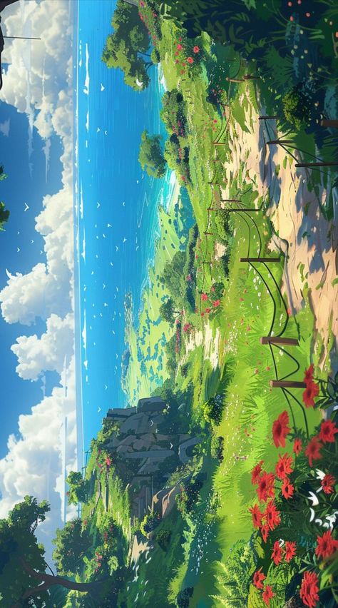 ⁀➷ Wallpaper ✪ Landscape Digital Art, Nature Desktop, Art Deco Paintings, Green Scenery, Computer Wallpaper Desktop Wallpapers, Ghibli Artwork, Cute Desktop Wallpaper, Studio Ghibli Art, Landscape Art Painting