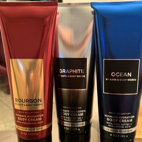 Bath and Body Works Men’s Collection. Protection Bath, Shea Body Butter, Bath Body Works, Men's Grooming, Men's Collection, Body Cream, Body Works, Bourbon, Blue Gray