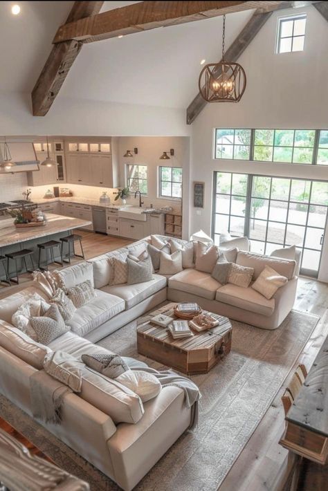 New Build Farmhouse, Farmhouse Family Aesthetic, Old Modern Farmhouse, Wood Aesthetic Living Room, Barndo Bedroom Ideas, Dream Farmhouse Living Room, Farmhouse Barndominium Interior, Living Room Inspiration Farmhouse, Cozy Barndominium