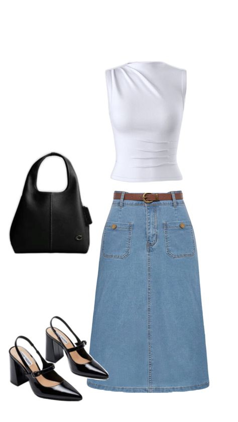 #coach #amazonideas #amazon #style Knee Length Jean Skirt Outfits, Knee Length Jean Skirt, Denim Skirt With Belt, Knee Length Jean Skirts, Black Heels Outfit, Jean Skirt Outfits, Jean Skirts, High Waisted Jean, Skirt With Belt