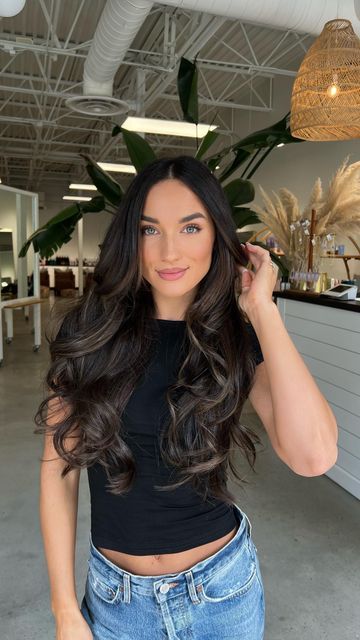 Brunette Black Balayage Hair, Dark Extensions With Highlights, Brown Balayage Wedding Hair, Chocolate Brown Extensions, Black Hair With Chocolate Brown Balayage, Dark Brown With Brown Balayage, Dark Brunette Extensions, Deep Dimensional Brunette, Black Hair Subtle Balayage