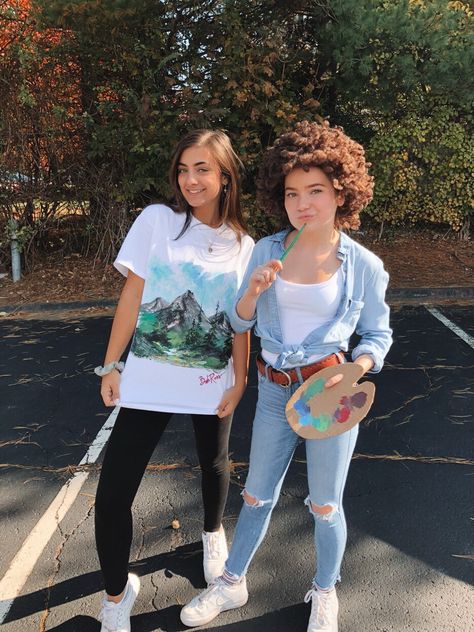 Bob Ross Halloween Costume Couple, Bob Ross Family Costume, Bob Ross And Painting Costume, Bob Ross Costume Woman, Bob Ross Couple Costume, Bob Ross Birthday Party, Bob Ross Halloween Costume, 2022 Halloween Costume Ideas, Bob Ross Party