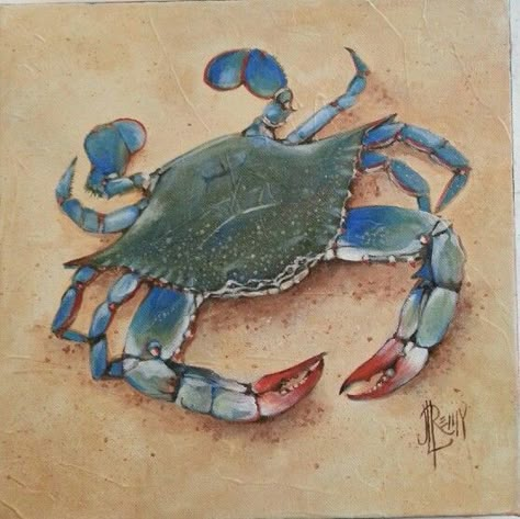 'Blue Crab for Dinner' 12 x 12 acrylic on gallery wrapped canvas by J.L.Remy Blue Crabs Art, Sea Life Painting, Seafood Art, Crab Painting, Crab Tattoo, Seaside Paintings, Deco Marine, Blue Crabs, Crab Art