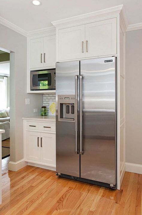 As you can see, it isn’t too hard to fit cabinets around the refrigerator in an efficient way! More decor and other interesting ideas at hackthehut.com Modern Refrigerator, Kitchen With White Cabinets, Fitted Cabinets, Microwave Shelf, Microwave Cabinet, Refrigerator Cabinet, Shelf Cabinet, Farmhouse Kitchen Cabinets, Kitchen Pantry Cabinets