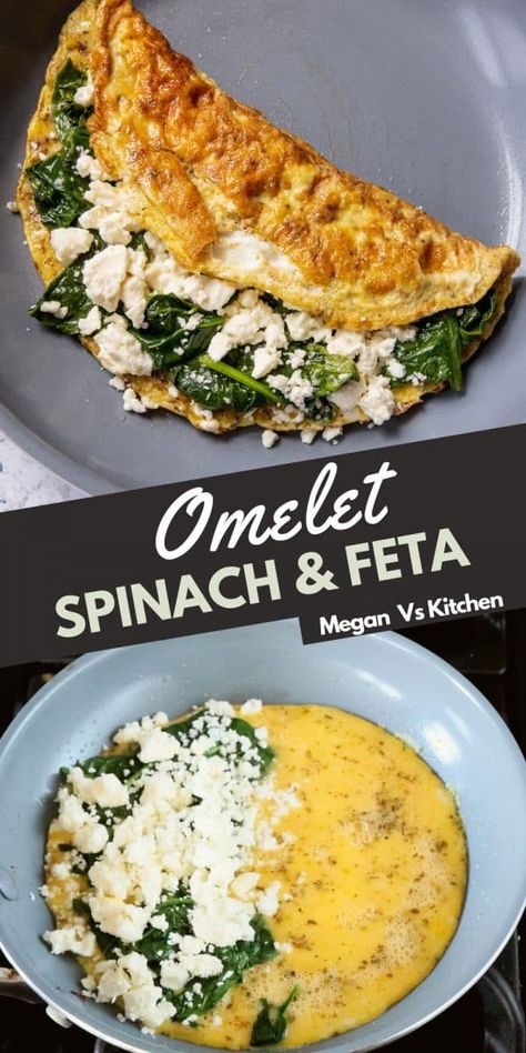 This Spinach and Feta Omelet is a super easy and delicious 10-minute breakfast. It has eggs, spinach, feta cheese, oregano, and garlic powder. Eggs Spinach Feta Breakfast, Greek Omlette Healthy, Egg Feta Spinach Breakfast, Spinach Eggs Recipe, Spinach Feta Omelette Recipe, Eggs Feta Cheese Breakfast Recipes, Omlet With Spinach And Cheese, Egg Spinach Omelette, Spinach Omlet Recipes Easy