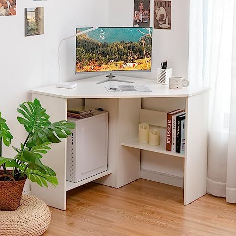 Amazon.com: Tangkula White Corner Desk, 90 Degrees Triangle Corner Computer Desk for Small Space, Bedroom Corner Makeup Vanity Desk with Storage Shelves & CPU Stand, Space Saving Corner Writing Desk : Home & Kitchen White Corner Desk, Corner Writing Desk, Cpu Stand, Space Saving Bedroom, Makeup Vanity Desk, Bedroom Makeup Vanity, Corner Computer Desk, Desks For Small Spaces, Small Space Bedroom