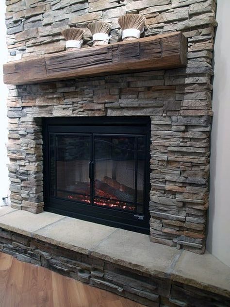 Top 70 Best Stone Fireplace Design Ideas - Rustic Rock Interiors Stone Fireplace Between Two Windows, Electric Fireplace Backsplash, Rock Fireplaces With Wood Mantle, Chimney Stone Ideas, Stone Fireplaces Ideas, Stone Fireplace With Wood Mantle, Faux Brick Fireplace, Fireplace Traditional, Faux Stone Fireplaces