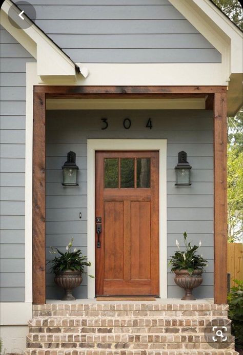 Craftsman House Front Porch, Stucco Craftsman Exterior Colors, House Colors Outside Paint, Cedar Shutters On Gray House, Front House Wood Accents, Grey House Door Color Ideas Exterior, Front House Remodel Exterior Makeover, Siding Homes Exterior, Wood Trim Exterior Windows