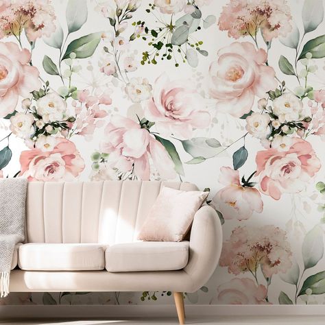 Peel and Stick Pink Floral Wallpaper Light Pink Rose - Etsy Accent Wall Treatments, Pink Guest Room, Bright Colorful Home, Pink Peonies Wallpaper, Peonies Wallpaper, Floral Removable Wallpaper, Modern Cottagecore, Wallpapers For Living Room, Pink Floral Wallpaper