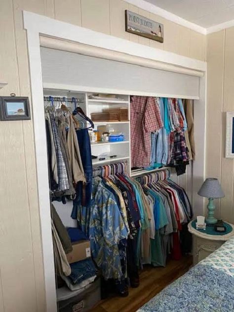 11 Closet Without Doors Ideas | Closet Door Alternatives How To Hide A Closet Without A Door, Blinds For Closet Doors, 3 Door Closet Ideas, Open Wardrobe With Curtain, Drapes For Closet Doors Ideas, Doorless Closet Ideas Bedrooms, Roll Up Closet Door, Diy Door For Bookcase, Replacement Closet Door Ideas