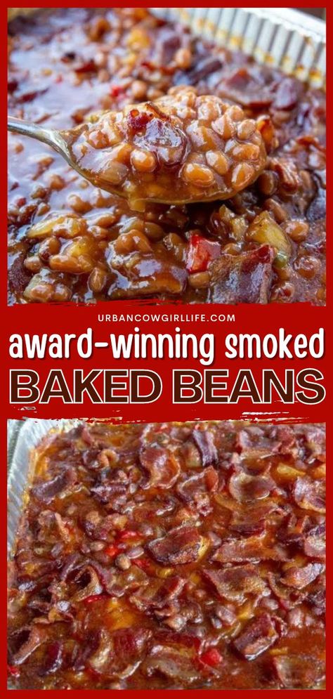 These BBQ beans are unlike any other! They're an easy side dish recipe on the smoker. Thanks to a secret ingredient, these smoked baked beans are the BEST. Check out the many ways to serve this cookout side dish! Baked Beans From Canned Beans, Smoked Baked Beans Recipe, Beans Side Dish, Smoker Cooking Recipes, Smoked Baked Beans, Morning Breakfast Ideas, Easy Smoker Recipes, Pellet Smoker Recipes, Breakfast Ideas Easy