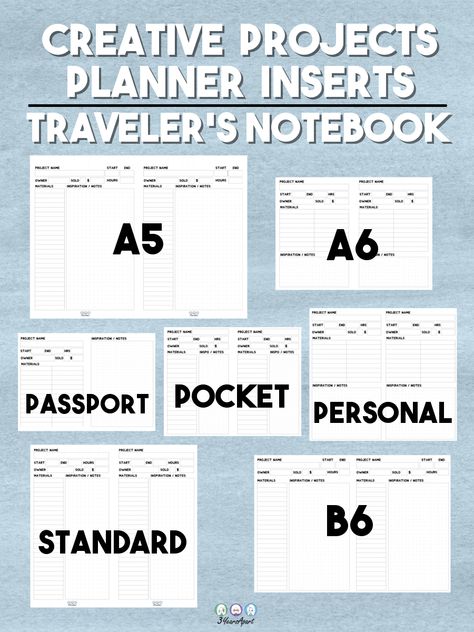 Creative Project Planner Inserts | Free Printable for Traveler's Notebooks and Planners | 3 Years Apart A5 A6 Passport Pocket Personal B6 Standard Inserts B6 Planner Printables Free, A6 Binder Journal Printable, A6 Printables Free, Travelers Notebook Printables, Free A6 Planner Printables, A5 Travelers Notebook, Personal Project Planners, Pocket Planner Ideas, A6 Planner Inserts Free Printables