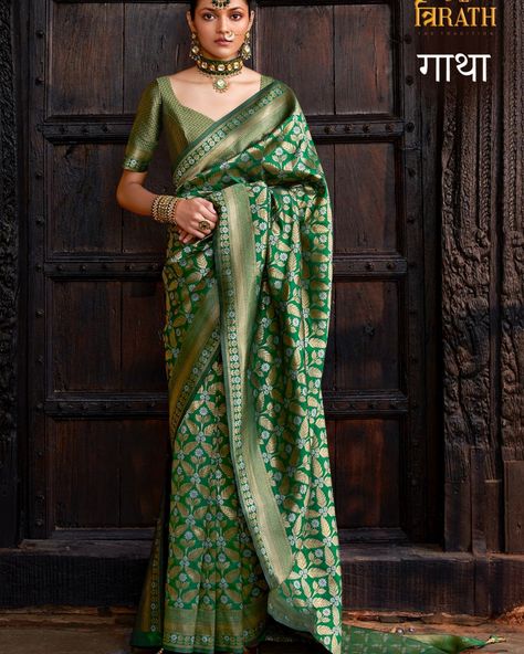 "✨ Make a Regal Statement with the Royal Banarasi Saree ✨ Step into timeless elegance with this Royal Banarasi Saree from the Trirath brand. Adorned with exquisite Weaving Jaal Work, this saree reflects the perfect blend of traditional craftsmanship and modern sophistication, making it a must-have for anyone who cherishes the beauty of royal heritage. 💎 Catalog: Gatha 💎 Series: 10463 to 10470 🌟 Fabric: Saree: Poly Viscose Banarasi Silk with Exclusive Jaal Design Blouse: Brocade Blouse 🎉... Jaal Design, Brocade Blouse Designs, Brocade Blouse, Brocade Blouses, Design Blouse, Madhuri Dixit, Traditional Look, Banarasi Saree, Banarasi Sarees