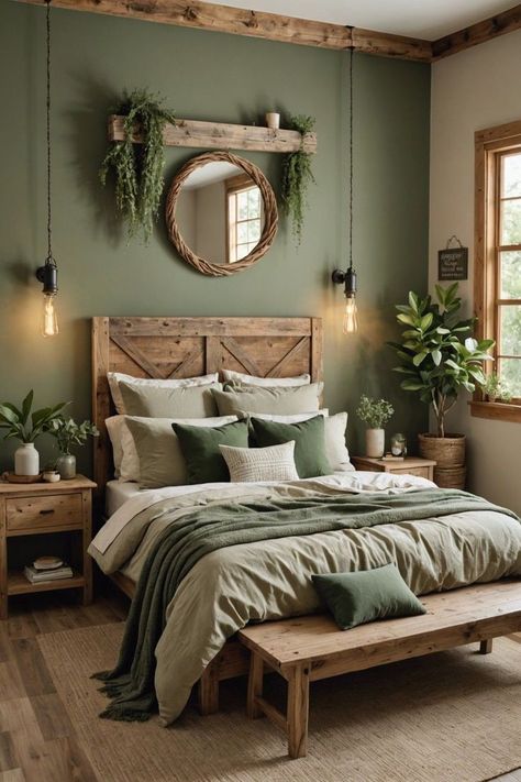 Rustic Bedroom Inspiration, Earthy Bedroom, Stil Boho, Bedroom Decor Cozy, Bedroom Redo, Green Walls, Bedroom Refresh, Bedroom Green, Small Room Bedroom