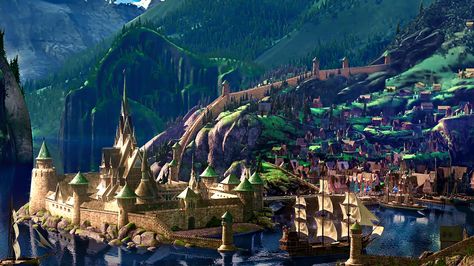 Frozen - 1920x1080 (Arendelle) by CoGraphiC.deviantart.com on @DeviantArt Arendelle Castle, Frozen Environment Concept Art, Frozen Fantasy Landscape, Frozen Landscape Disney, Frozen Mountains Fantasy Art, Arendelle Frozen, Frozen Castle, Legend Of The Guardians, Walt Disney Characters