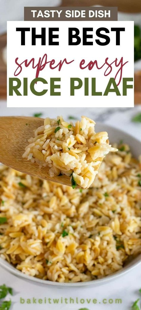 This rice pilaf is made with orzo pasta, long grain white rice, onion, garlic, chicken broth, and just a little salt. It's a super easy recipe that makes a fantastic side dish for chicken, beef, pork, seafood, and more! Best of all, the rice turns out perfectly fluffy and flavorful in about 30 minutes! BakeItWithLove.com How To Make Rice Pilaf, Easy Rice Pilaf Recipe, Long Grain White Rice Recipes, Rice To Go With Fish, Orzo Rice Recipes, Rice Side Dishes For Chicken, Rice Pilaf Recipe Easy, Best Rice Pilaf, Pilaf Rice Recipe