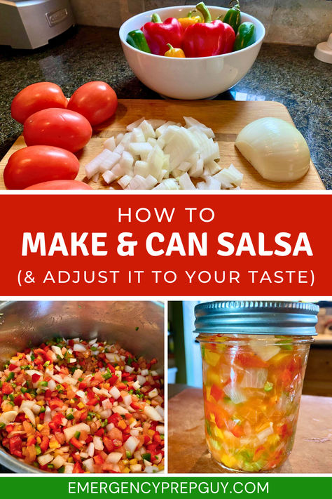 An image showing the ingredients on a chopping board then chopped up in a bowl, then the finished product, a jar of canned salsa. Chunky Salsa Recipe For Canning, How To Can Salsa, Can Salsa, Salsa Recipe For Canning, Chunky Salsa Recipe, Making Salsa, Using Fresh Tomatoes, Grapefruit Marmalade, Water Bath Canning Recipes