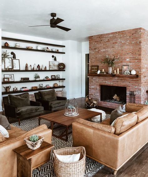 Modern Farmhouse Living Room Inspiration, Red Brick Fireplaces, Rustic Fireplace Mantels, Modern Home Decor Living Room, Rustic Fireplace, Living Room Transformation, Modern Farmhouse Living, Rustic Fireplaces, Dekor Diy