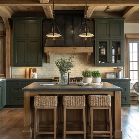 35 Stunning Green Kitchen Design Ideas to Inspire You Natural Wood Kitchen Cabinets Green Island, Black Stainless Steel Kitchen Appliances With Green Cabinets, Green Cabinets Kitchen Rustic, St Cecilia Granite With Green Cabinets, White Oak Floors Green Cabinets, Green Kitchen Cabinets Island, Green With Wood Kitchen, Green Interior Kitchen, Rustic Cabin Backsplash Ideas