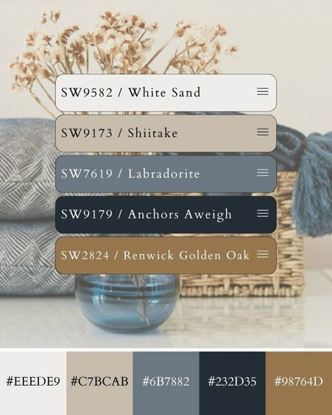 Greige And Blue Color Palette, Taupe Blue Color Palette, Blue Grey Cream Color Palette, Serene Blue Color Palette, Greige Color Combinations, Blue Brown Paint Colors, Tan And Blue Living Room Ideas, Grey Beige Blue Color Palette, Color Palette Gray Blue