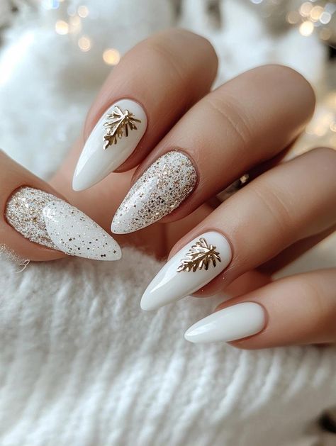 White Christmas Nails: Elegant and Festive Nail Designs for a Classic Winter Look Festive Christmas Nails Almond, White Nail Christmas Designs, White Gold Nails Christmas, Nails For Christmas White, Festive White Nails, Pearl White Christmas Nails, Off White Nails With Designs, White Simple Christmas Nails, Winter Classic Nails