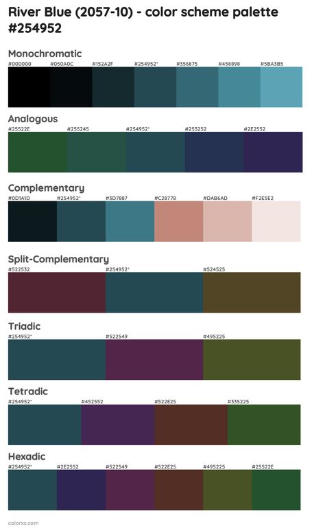 Benjamin Moore River Blue (2057-10) Paint coordinating colors and palettes Sherwin Williams Moscow Midnight, Blue Paint Palette, Blue Complementary Color, Midnight Blue Paint, Draw A Hexagon, Sherwin Williams Color Palette, Witchy Academia, Bavarian Forest, Academia Room