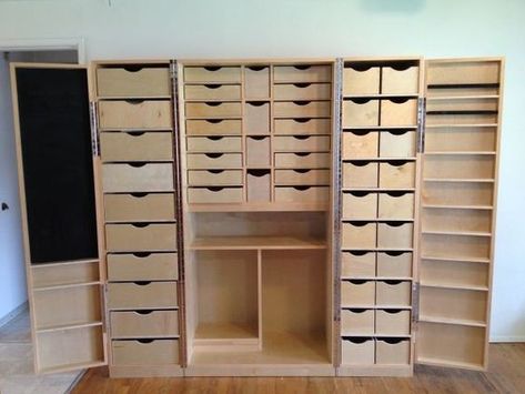 Craft Armoire, Craft Storage Cabinets, Craft Cupboard, Drawers And Shelves, Sewing Room Design, Dream Craft Room, Sewing Furniture, Craft Room Design, Craft Room Storage