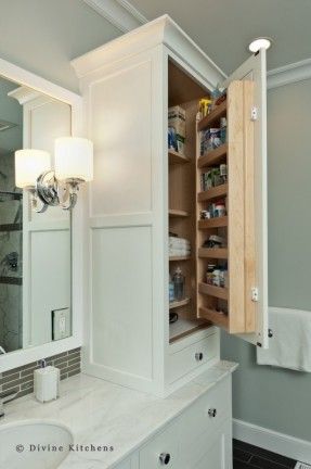 Master Bath Linen Closet and Medicine Cabinet Doors Design Ideas Bathroom Linen Tower, Bathroom Vanity Storage, Master Bath Ideas, Bad Inspiration, Bathroom Closet, Master Bath Remodel, Renovation Design, Trendy Bathroom, Bathroom Remodel Ideas