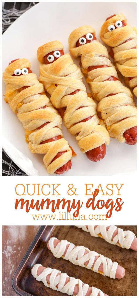 Halloween Mummy Dogs, Halloween Hotdogs, Snack Halloween, Mummy Hot Dogs, Halloween Appetizers Easy, Mummy Dogs, Kids Halloween Food, Candy Eyes, Appetizers For Kids