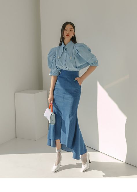 Denim Elegant Outfit, Denim Classy Outfit, Dint Korean Clothing, Skirt With Blouse Outfit, Skirt Models Ideas, K Drama Fashion Women, Denim Formal Outfit, Korean Drama Outfits Style, Classy Denim Outfits For Women