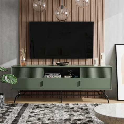 Sleek and functional, this DENHOUR BASIC Modern Sage Green 60-inch 3-Drawer Media Cabinet TV Stand will make the perfect addition for any living room or entertainment space. Ruang Tv, Tv Stand Designs, Inspire Me Home Decor, Tv Wall Design, Tv Unit Design, Living Room Tv Stand, Modern Tv Stand, Living Room Tv Wall, Furniture Of America