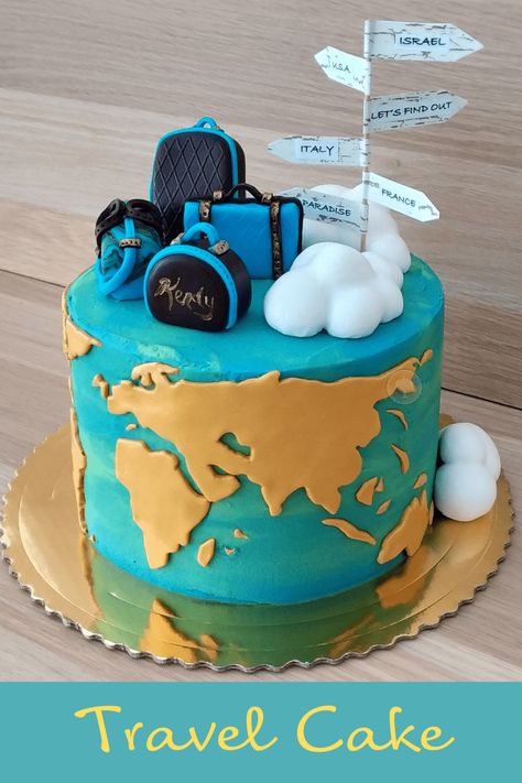 Themed Travel Cake with custom template, 3D fondant luggage and cloud cake toppers. This fun cake is a great birthday cake for any international traveler. Travel Theme Cake, Luggage Cake, Map Cake, Travel Cakes, Farewell Cake, Fiesta Cake, Travel Cake, Chocolate Drip Cake, Watermelon Cake