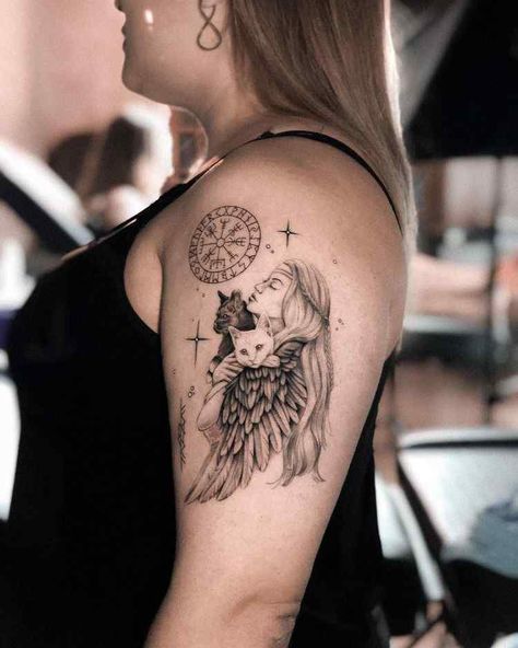 Goddess Freya Symbol Tattoo by @ivygabrielli - Tattoogrid.net Freya Symbol, Norwegian Tattoo, Goddess Freya, Witchy Tattoos, Freya Goddess, Valkyrie Tattoo, Greek Mythology Tattoos, Goddess Tattoo, Symbol Tattoo