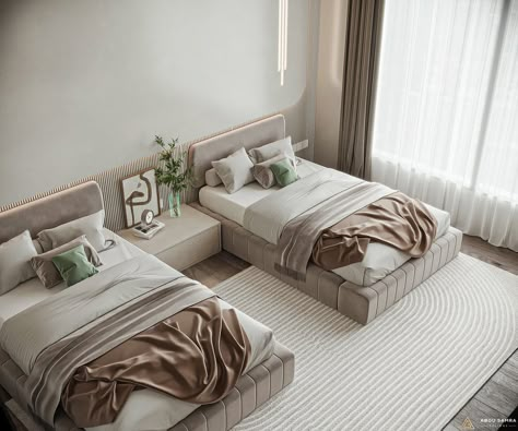 Twin Double Bed Ideas, Double Queen Guest Room, Double And Single Bed In One Room, Single Double Bed, Two Full Beds In One Room, Bedroom With 2 Beds Ideas, 2 Queen Beds In One Room Bedroom Ideas, Two Bed Bedroom Ideas, Twin Size Bed Ideas For Small Room