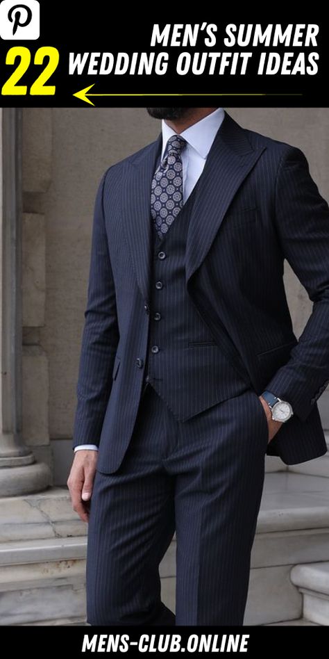 Dapper and Stylish: Men’s Summer Wedding Outfit Trends for 2023 Men In Three Piece Suits, Three Piece Suit Mens Navy Blue, Gentleman Suit Classy, Mens Work Suit, Patterned Suits For Men Wedding, Men’s Black Pinstripe Suit, Stripe Suits For Men, Farewell Suits Men, Trending Suits For Men