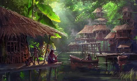 JungleLife by neilvk | Nature | 2D | CGSociety Village Concept Art, Arte Viking, Fantasy City, Fantasy Setting, Fantasy Places, Fantasy Art Landscapes, Fantasy Concept Art, 판타지 아트, Environment Design