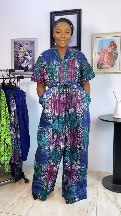 Adire Jumpsuit Styles, African Print Jumpsuits For Women, Ankara Jumpsuit Styles, Flare Outfit, African Print Pants, African Print Jumpsuit, Ankara Jumpsuit, Nigerian Fashion Ankara, Stylish Naija