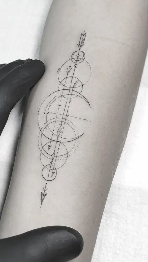 Geometric Tattoo Dotwork, Space Arm Tattoos For Women, Linear Geometric Tattoo, Journey Symbol Tattoo, Geometric Astrology Tattoo, Polkatrash Tattoo, Fineline Geometric Tattoo, Geometric Shoulder Tattoo, Fineline Arm Tattoo