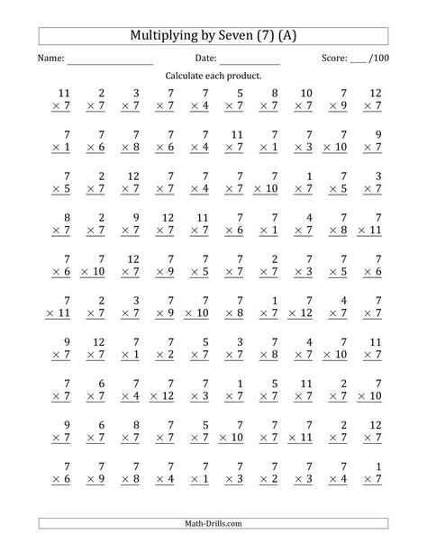 The Multiplying by Seven (7) with Factors 1 to 12 (100 Questions) (A) Math Worksheet from the Multiplication Worksheets Page at Math-Drills.com. Free Printable Multiplication Worksheets, Free Multiplication Worksheets, Times Tables Worksheets, Multiplication Facts Worksheets, Printable Multiplication Worksheets, Math Multiplication Worksheets, Math Fact Worksheets, Math Drills, Multiplication Practice