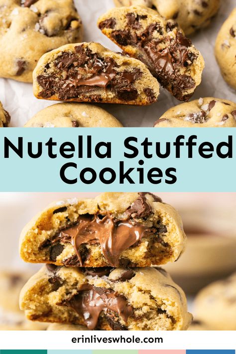 Nutella Stuffed Cookies - Erin Lives Whole Stuffed Chocolate Chip Cookies Recipes, Buttercream Stuffed Cookies, Jumbo Gourmet Cookies, Big Stuffed Cookies, Stuffed Gourmet Cookies, Jumbo Stuffed Cookies, Cookie Recipes Nutella, Stuffed Cookie Ideas, Gourmet Stuffed Cookies Recipes