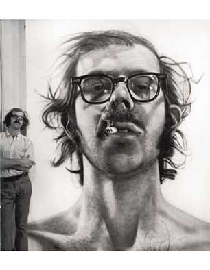 Chuck Close, Big Self-Portrait, 1967–1968 acrylic on gessoed canvas 107.5 x 83.5 in. (273.1 x 212.1 cm)  Close is a photorealist artist known for his portraiture. The meticulous nature of his images reflects how he sees the world. He has prosopagnosia- an inability to recognize faces. He can remember things that are flat which is why he works from pictures.   Q. What skill or challenge effects how you see the world? Does your unique perspective inform how you see yourself or others? Chuck Close Paintings, Chuck Close Art, Chuck Close Portraits, Gottfried Helnwein, Photorealistic Portraits, Chuck Close, Hyper Realism, Oki Doki, Artist Research