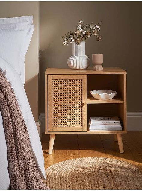 Natural Rattan Cabinet With 1 Door & 1 Shelf | Home | George at ASDA Rattan Bedroom Furniture, Rattan Bedroom, Rattan Cabinet, Rattan Storage, Bedside Table Design, Master Room, Room Makeover Bedroom, Wood Home Decor, George At Asda