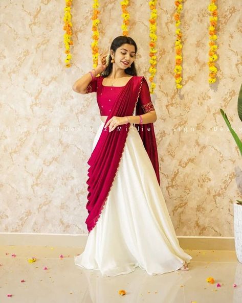 New Model Salwar Design, Half Saree Designs Onam, Onam Leheng, Onam Poses In Pattupavada, Saree On A Skirt, Sari To Dress Designs, Half Saree Designs For Onam, Red And White Half Saree, Onam Half Saree Outfits Ideas