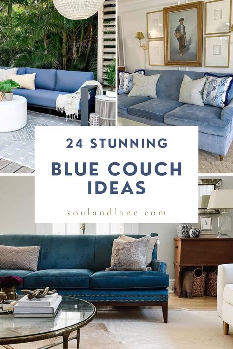 Dive into a sea of inspiration with our captivating blue couch ideas, perfect for anyone looking to infuse their living space with a splash of color and personality. From the serene hues of sky blue to the deep, mysterious tones of navy, a blue couch can be the centerpiece that your room revolves around. Blue Couch Beach House, Styling A Blue Couch, Navy Couch Styling, How To Style A Blue Couch, Blue Couch Living Room Rugs, Blue Apartment Aesthetic, Sky Blue Living Room, Light Blue Sofa Living Room, Blue Sectional Couch